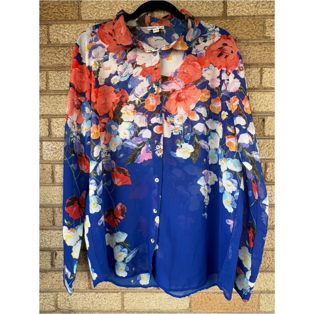 Royal Blue Sheer Floral Button-Down Shirt by Covet